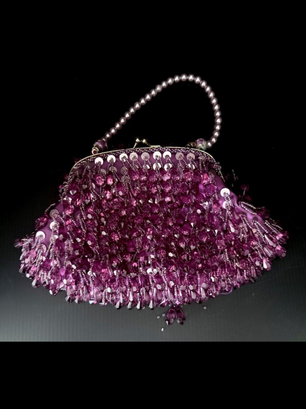 Vintage Lily Scott Lucite Beaded Evening Bag Plum Amethyst Pearl Handle - Picture 3 of 7